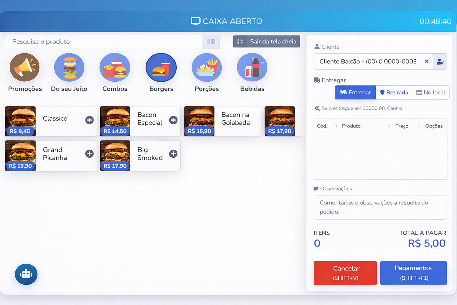Tela de pedidos do sistema Ganesa Tecnologia 